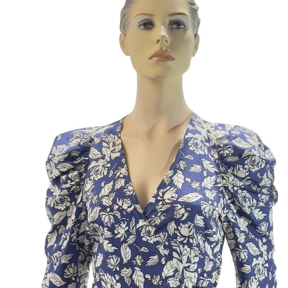 ASTR The LABEL Top Polyester Royal Blue Floral Attached Side Tie Wrap Puffed Gat - Picture 5 of 16